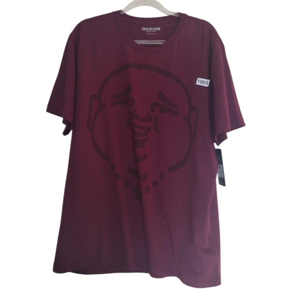 True Religion T Shirt Men's XXL Burgundy Tee‎ Buddha Face Graphic Short Sleeve